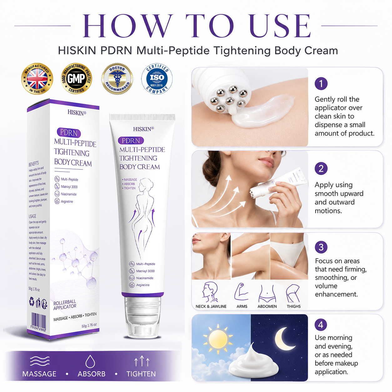 Certified: HISKIN® PDRN Multi-Peptide Massaging Body Roller Cream- Anti-aging, Hydrating, Skin Firming & Lifting, Skin Repair, Even Tone, Acne and Dark Spot Treatment, Wart and Mole Removal, and Psoriasis Relief.